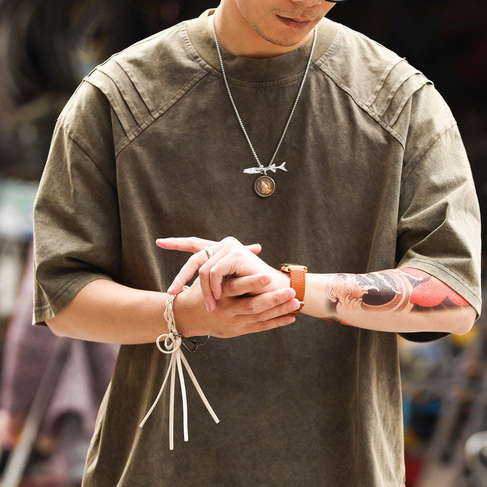 美式復古鯊魚腮設計短袖T恤男225g成服染色做舊硬漢上衣