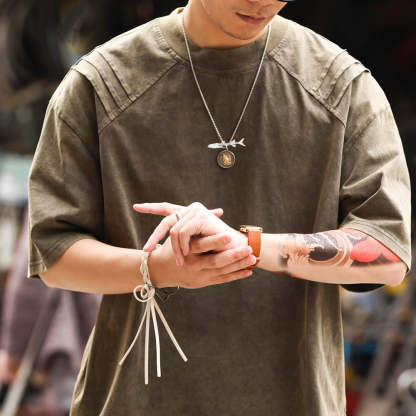 美式復古鯊魚腮設計短袖T恤男225g成服染色做舊硬漢上衣