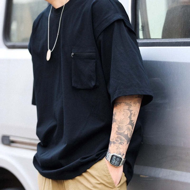 山系戶外工裝口袋短袖T恤男士寬鬆圓領原創設計半袖運動TEE