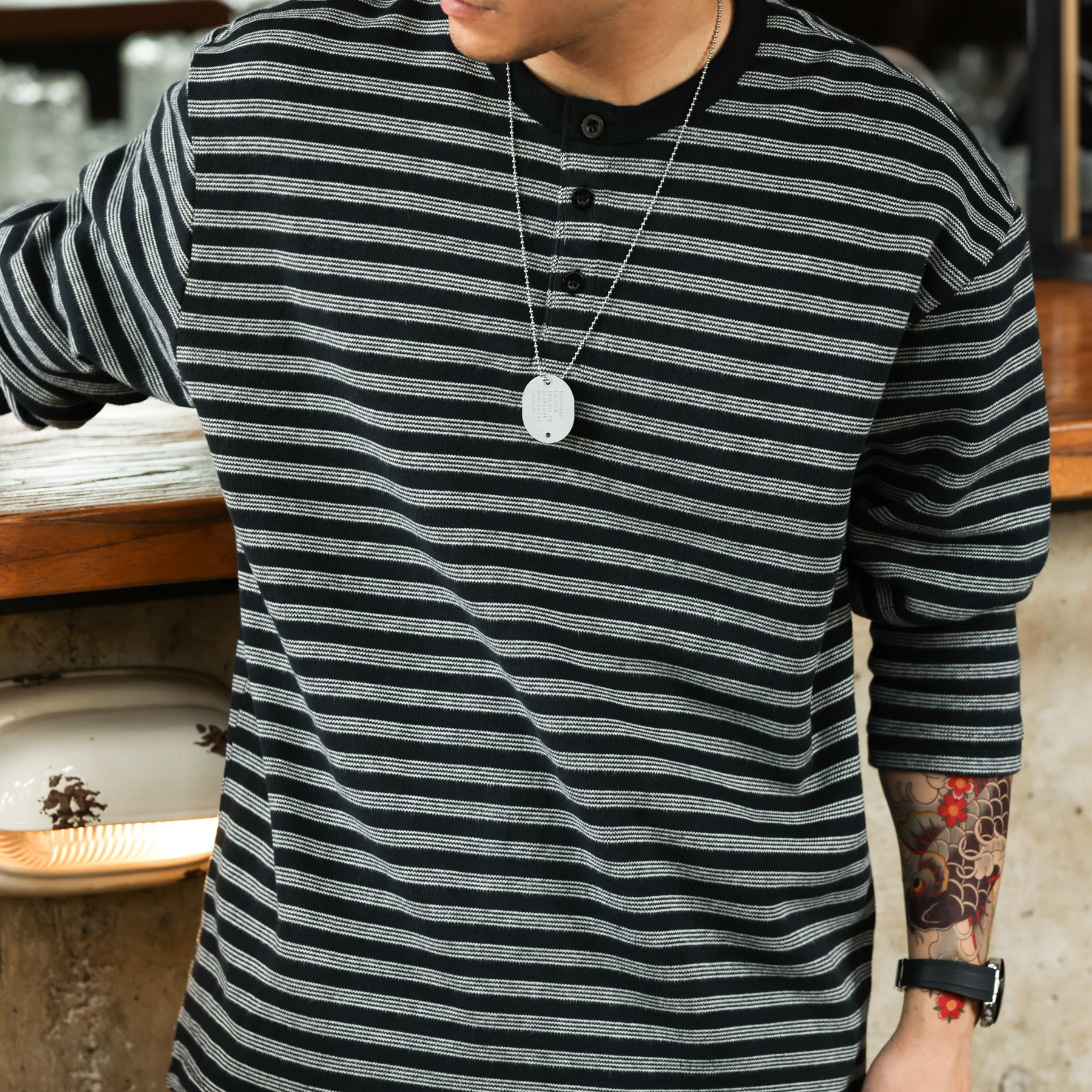 美式休閒360g重磅條紋POLO衫男寬鬆復古亨利領長袖T恤秋