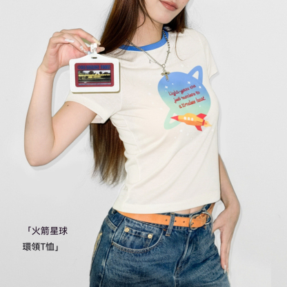 復古輕薄萊賽爾天絲撞色圓領正肩修身印花短袖T恤上衣女士夏