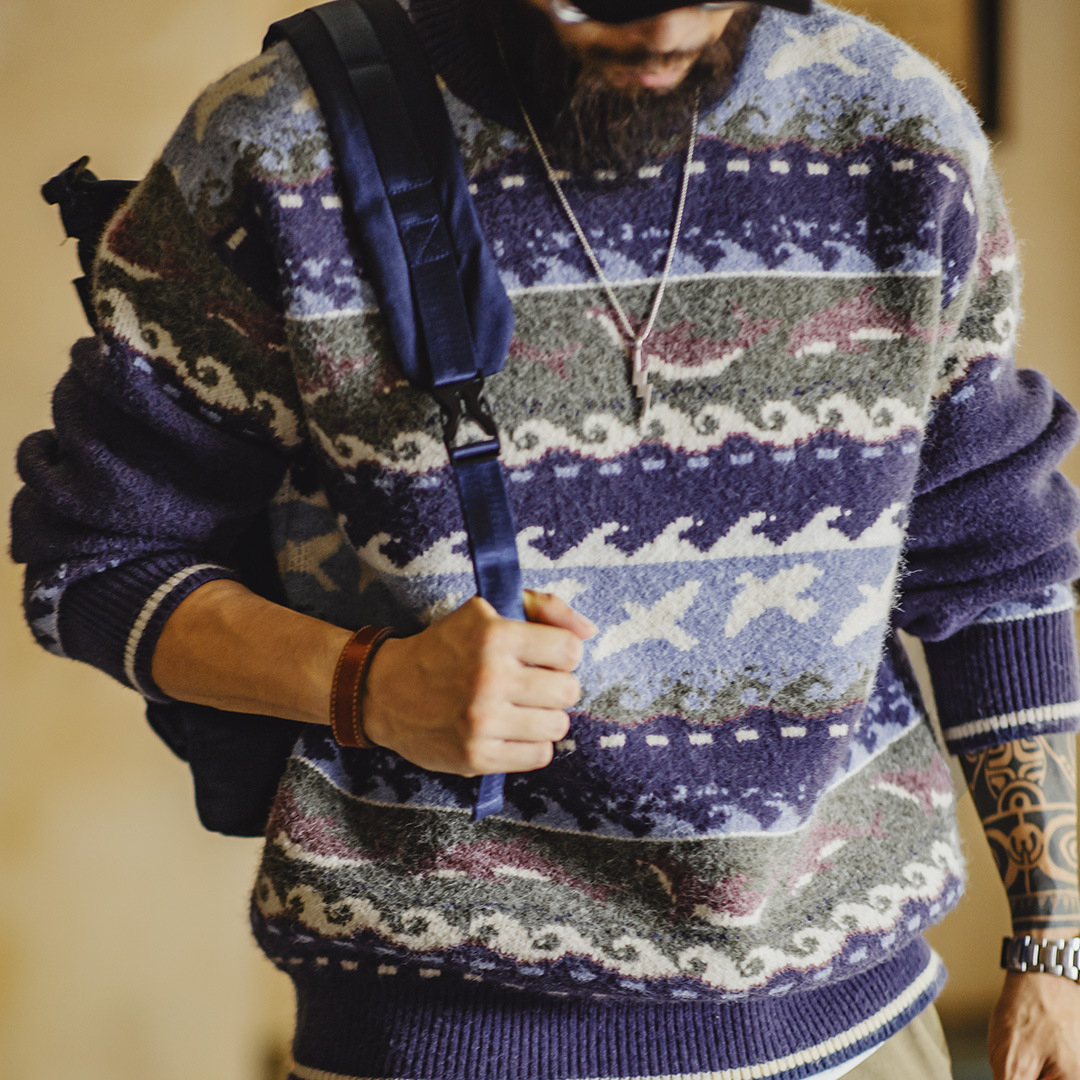 美式復古費爾島毛衣圓領套頭加厚寬鬆保暖外穿針織衫男冬