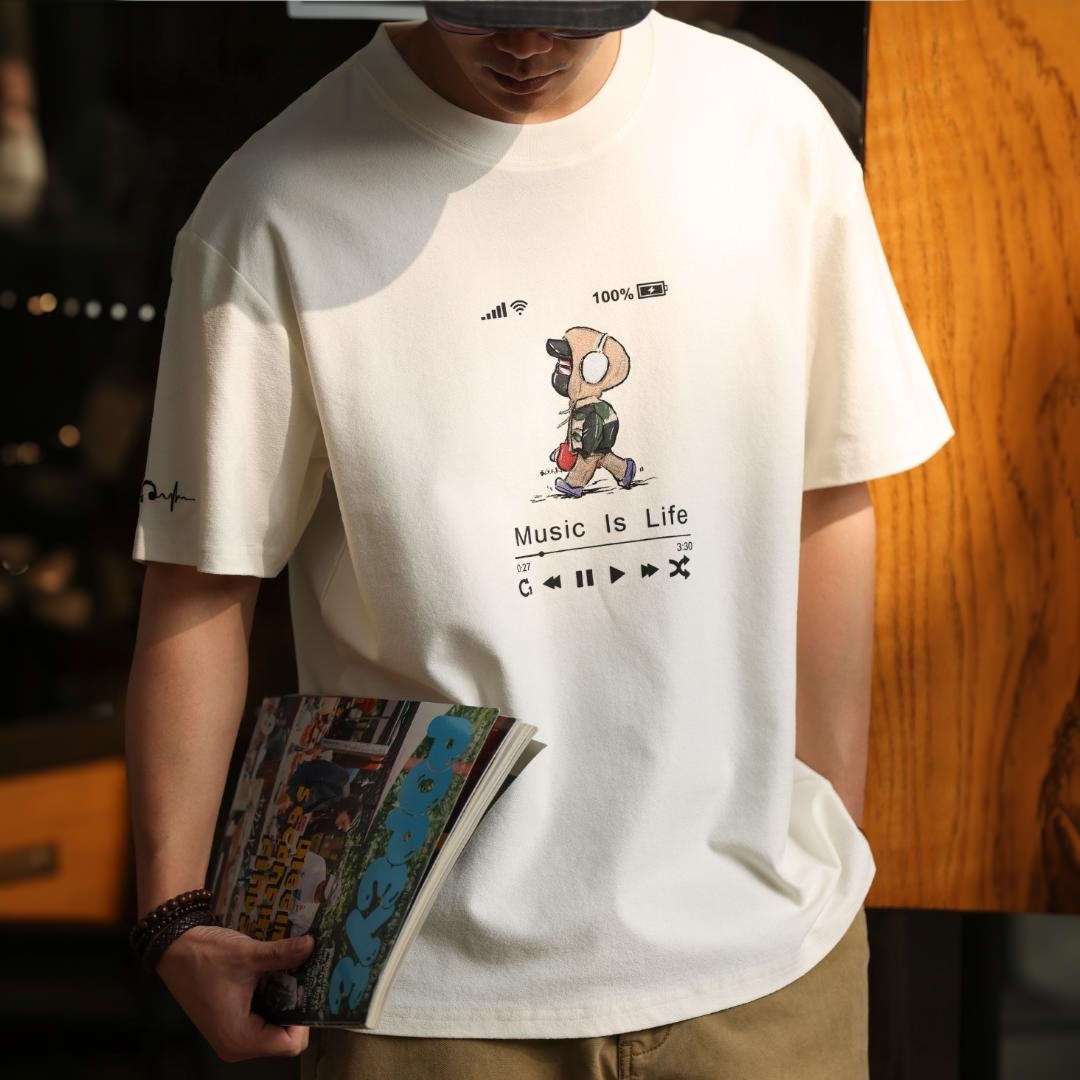 磨褶肌理感印花刺繡短袖T恤男士美式休閒寬鬆趣味打底衫