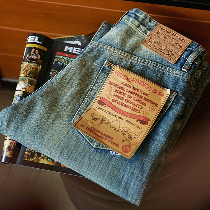 藍色赤耳窄幅紅邊直筒牛仔褲男2025秋冬新款純棉水洗做舊丹寧長褲