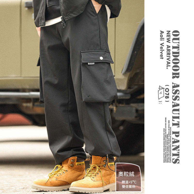 美式復古加絨加厚工裝褲男寬鬆側邊大口袋可束脚休閒長褲冬-Retro's Wear