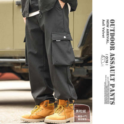 美式復古加絨加厚工裝褲男寬鬆側邊大口袋可束脚休閒長褲冬-Retro's Wear