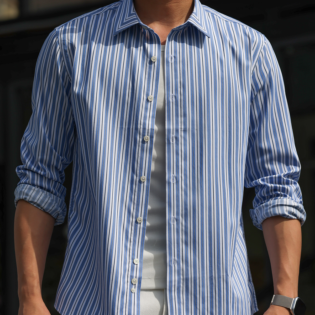 130g莫代爾豎條紋長袖襯衫男休閒親膚免燙輕奢感襯衣秋