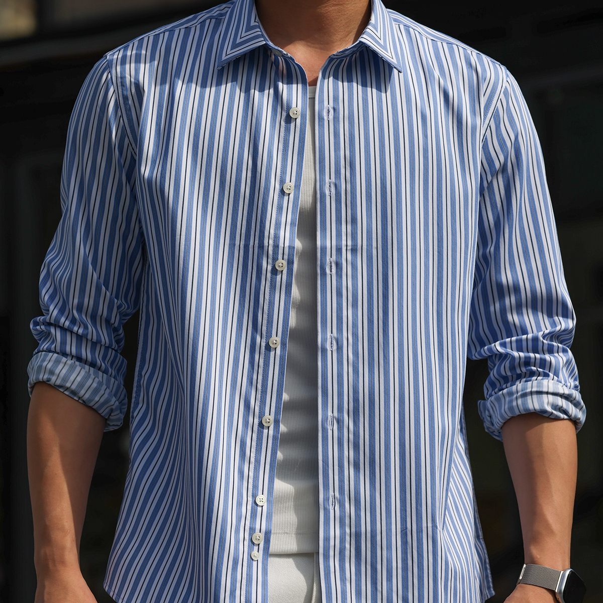 130g莫代爾豎條紋長袖襯衫男休閒親膚免燙輕奢感襯衣秋