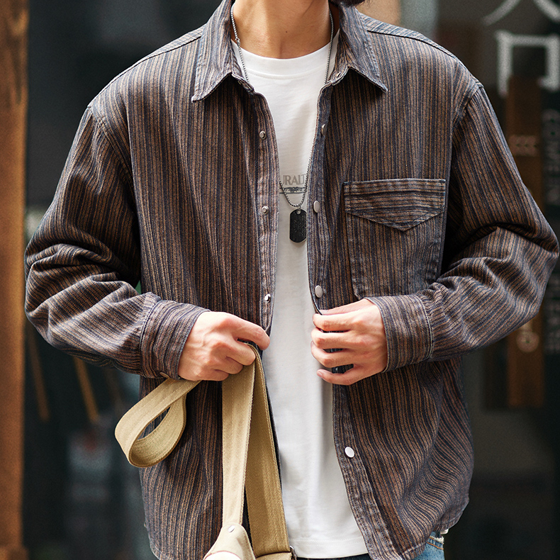 條紋提花復古休閒牛仔襯衫男2025秋季新款美式翻領長袖襯衣外套