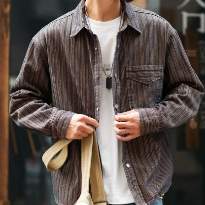條紋提花復古休閒牛仔襯衫男2025秋季新款美式翻領長袖襯衣外套