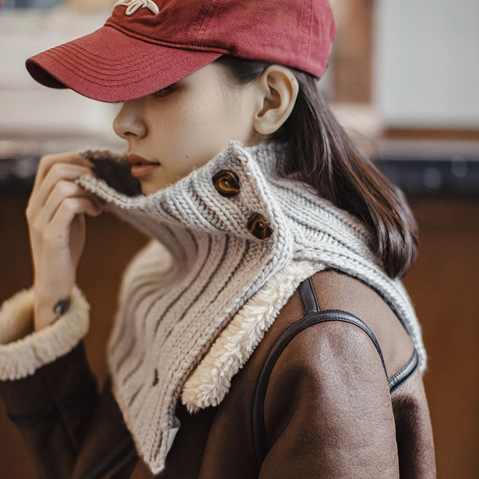 淺灰色毛線衣針織短圍巾加厚保暖假高領子脖套護頸女士秋冬季