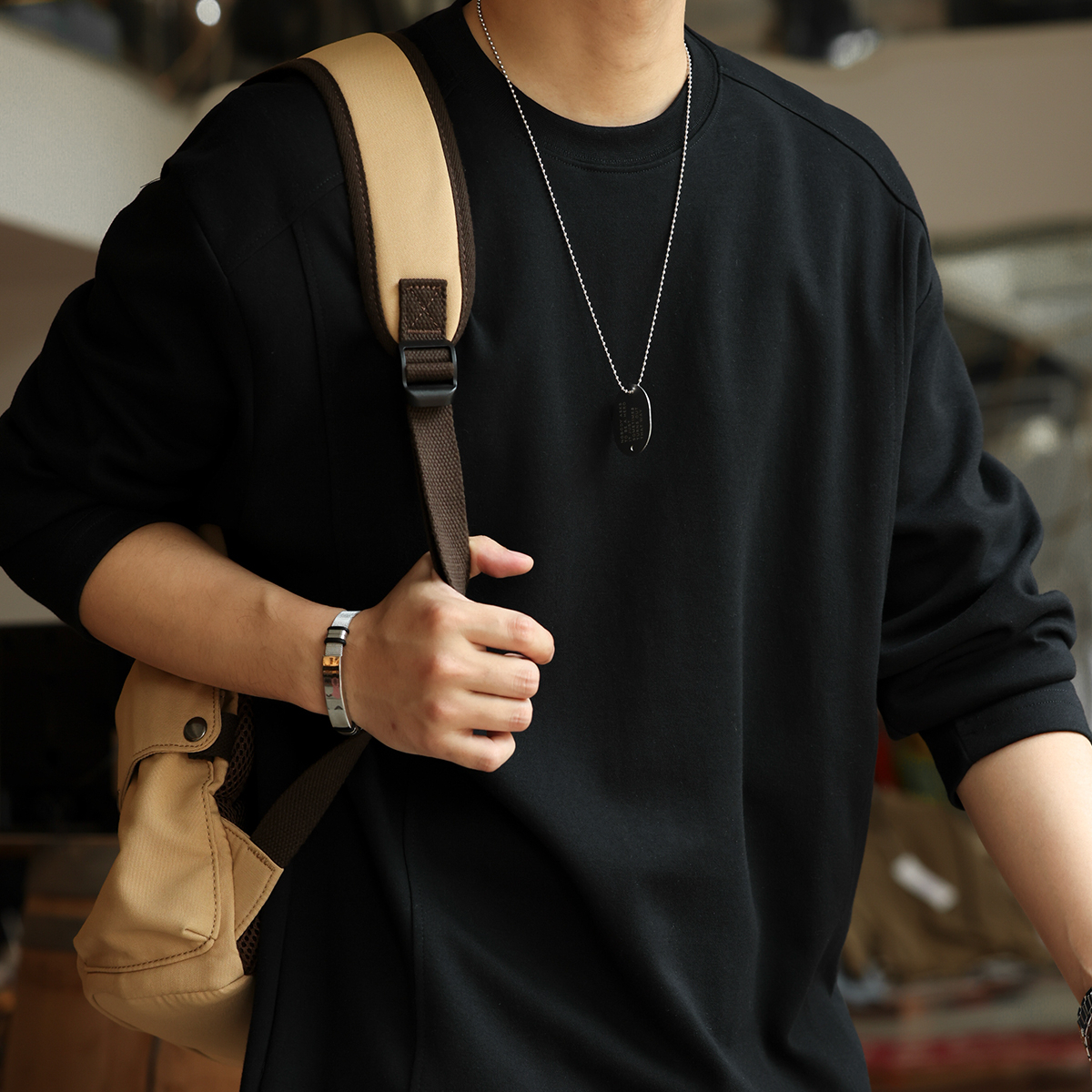 美式休閒280g拼接款長袖T恤男馬鞍肩設計cleanfit打底衫