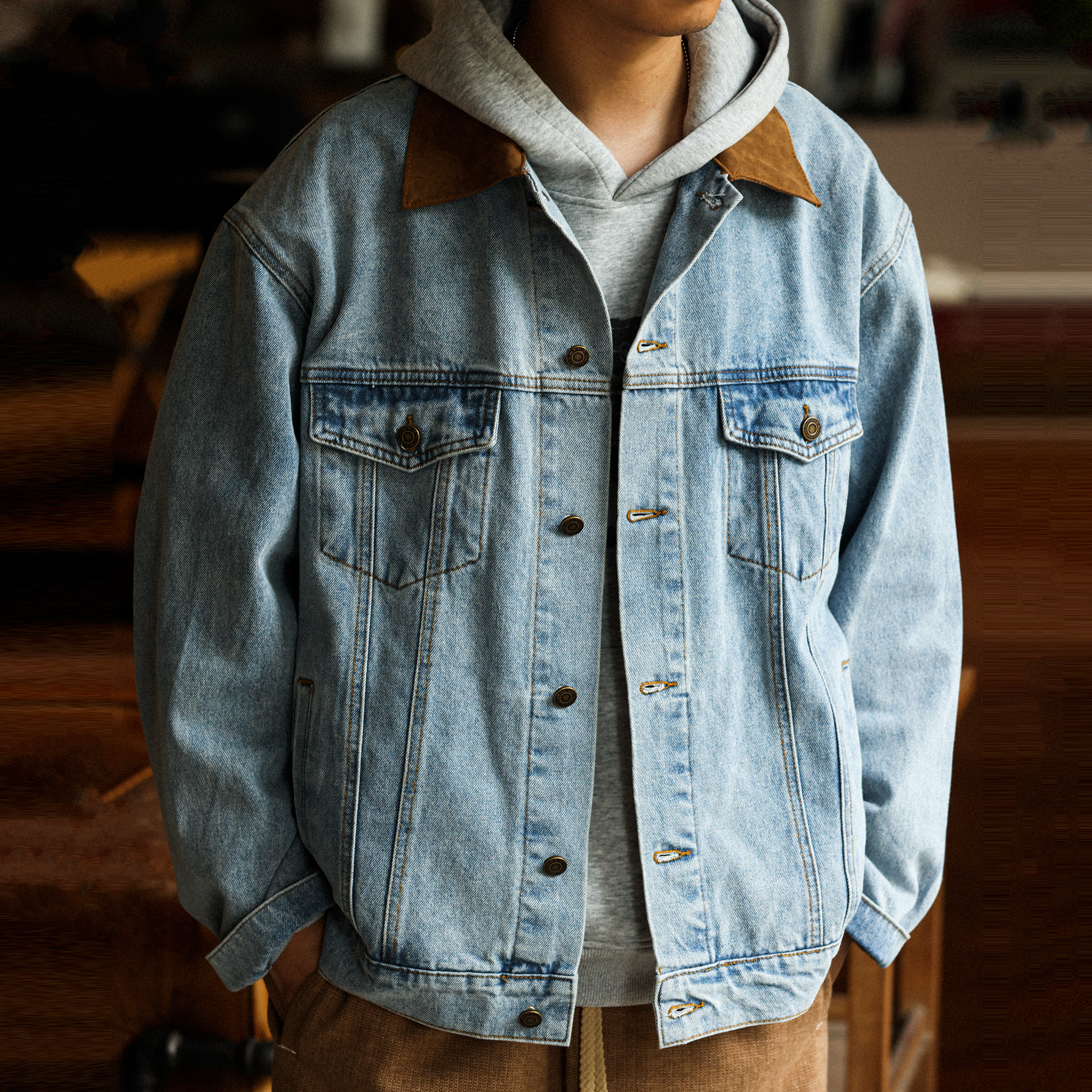 巴恩風麂皮絨翻領牛仔夾克男美式復古做舊vintage外套