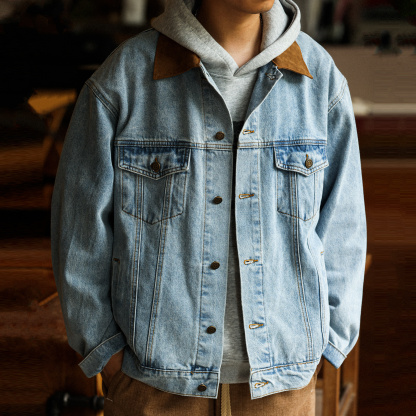 巴恩風麂皮絨翻領牛仔夾克男美式復古做舊vintage外套