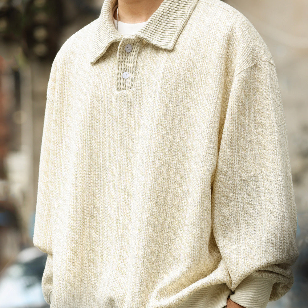 織條肌理鬆弛感翻領衛衣男美式休閒學院風寬鬆長袖POLO上衣-Retro's Wear