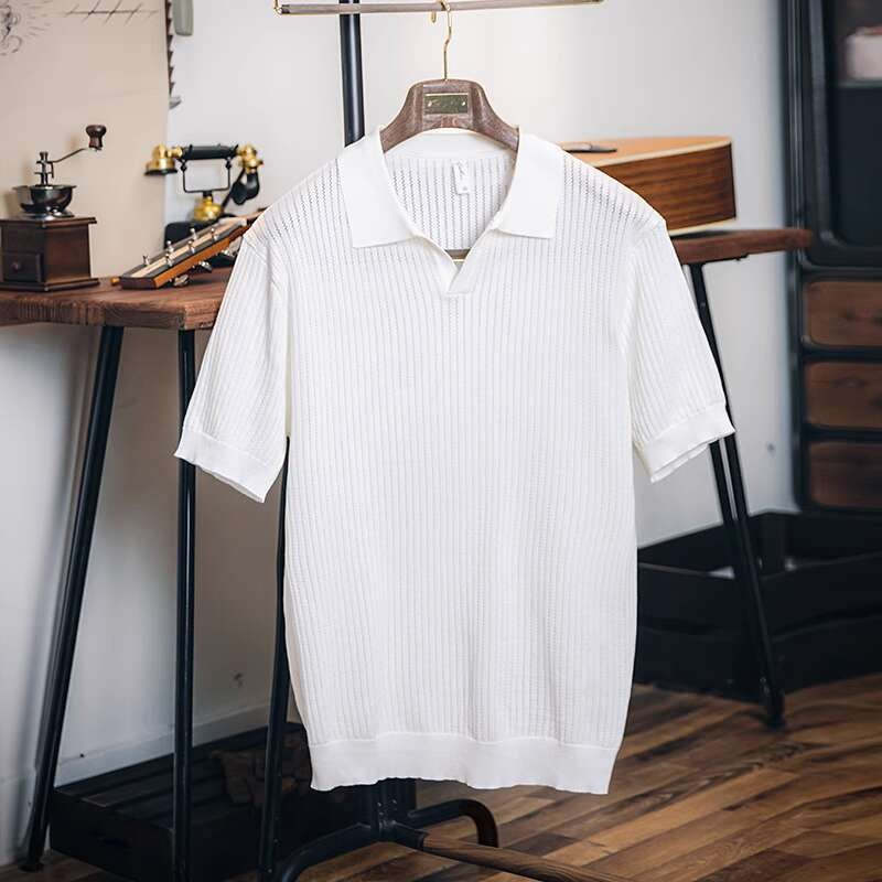 美式V領冰絲Polo衫短袖男2025新款寬鬆針織衫T恤夏季純色翻領上衣
