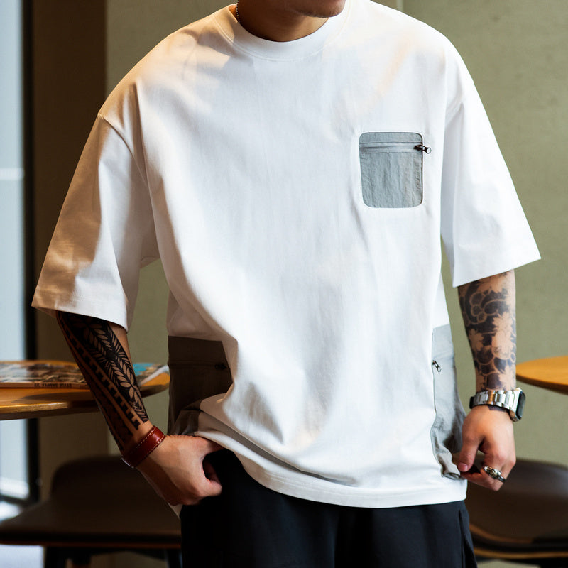 美式復古戶外拉鍊口袋設計短袖T恤男寬鬆撞色拼接機能風TEE-Retro's Wear