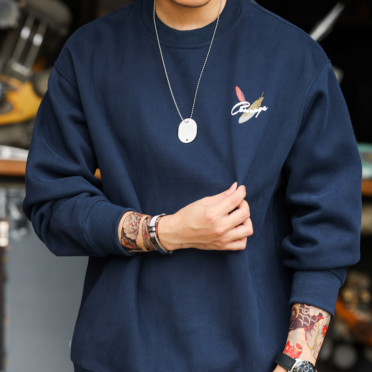 日系復古印花圓領衛衣男寬鬆420G重磅秋冬套頭疊穿上衣