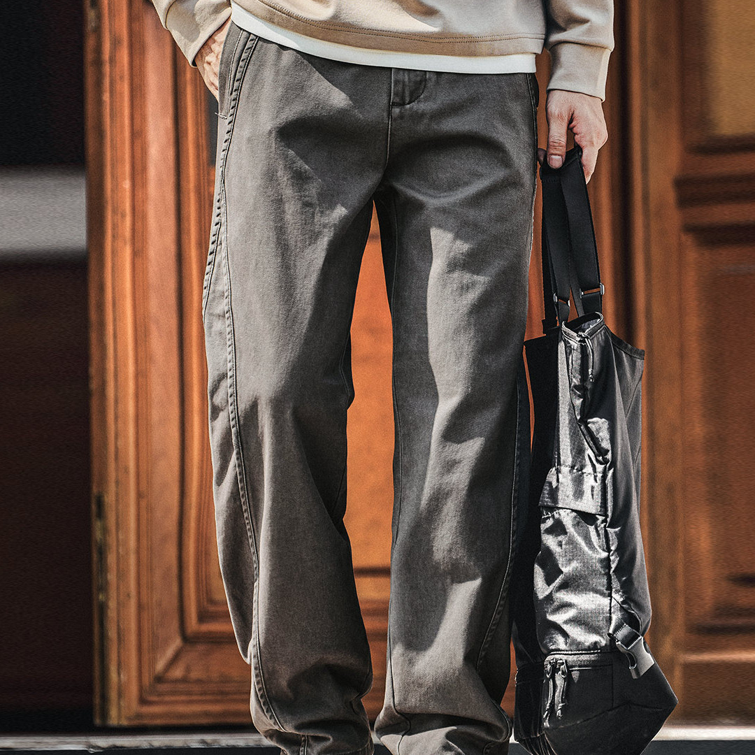 高級感設計老錢風拼接工裝褲子男秋冬款寬鬆垂感休閒直筒褲