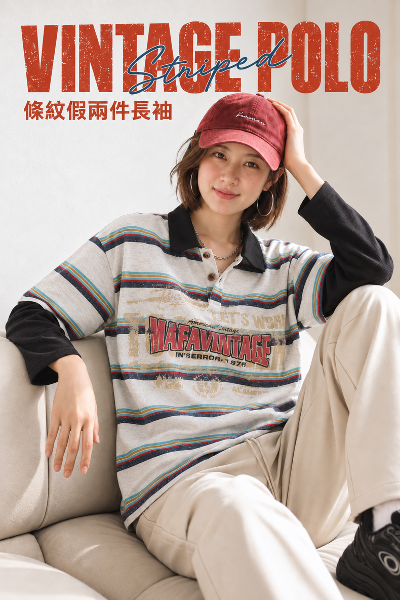 Vintage Striped Print Faux Two-Piece Lapel-Collar Long-Sleeve Top · 02-hero