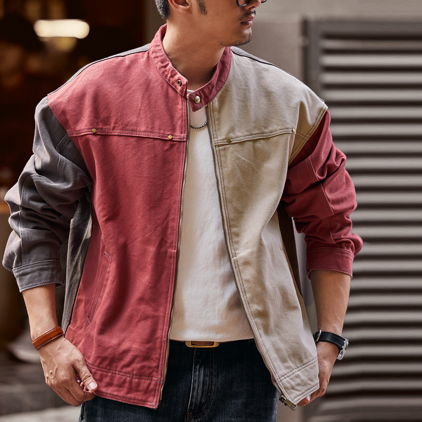 美式撞色哈靈頓拼色工裝夾克外套男款2025秋季重磅休閒獵裝