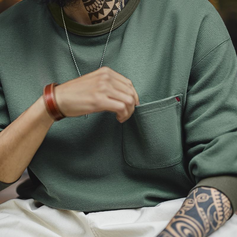 美式休閒華夫格口袋T恤圓領套頭衛衣寬鬆長袖上衣男春季