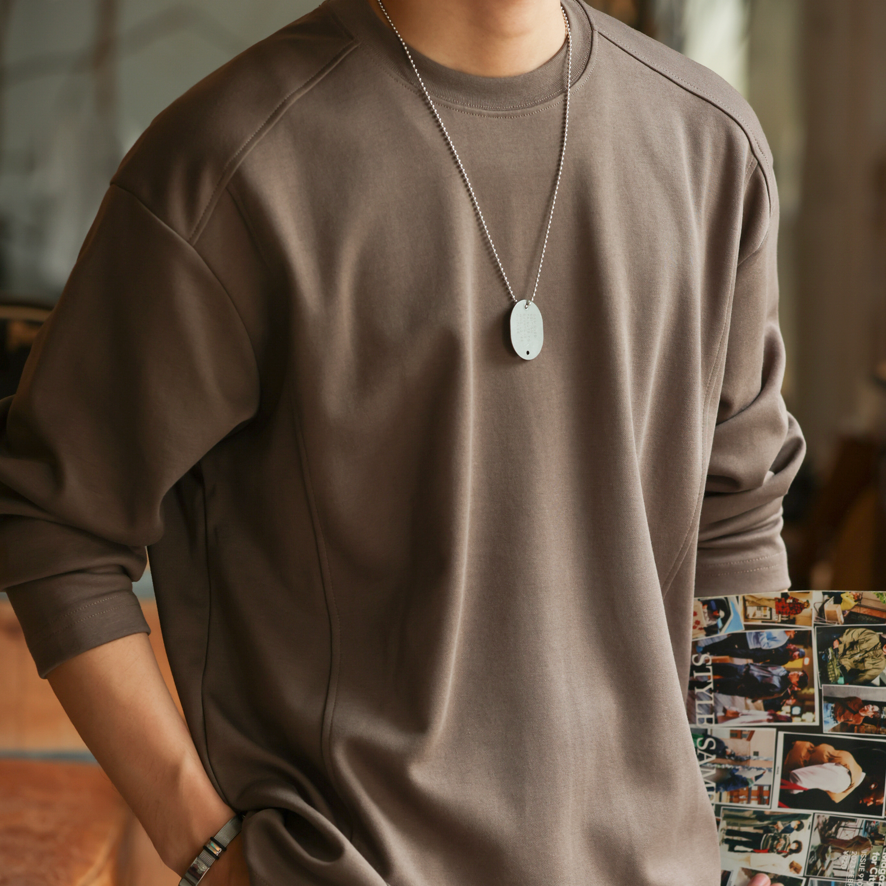 美式休閒280g拼接款長袖T恤男馬鞍肩設計cleanfit打底衫