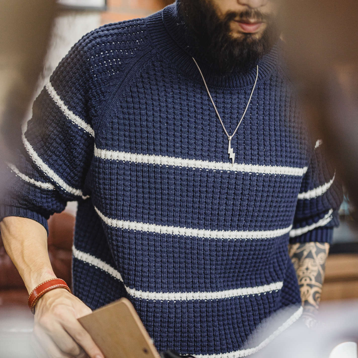 美式復古條紋插肩袖毛衣高領針織鳳梨紋加厚保暖外穿男冬