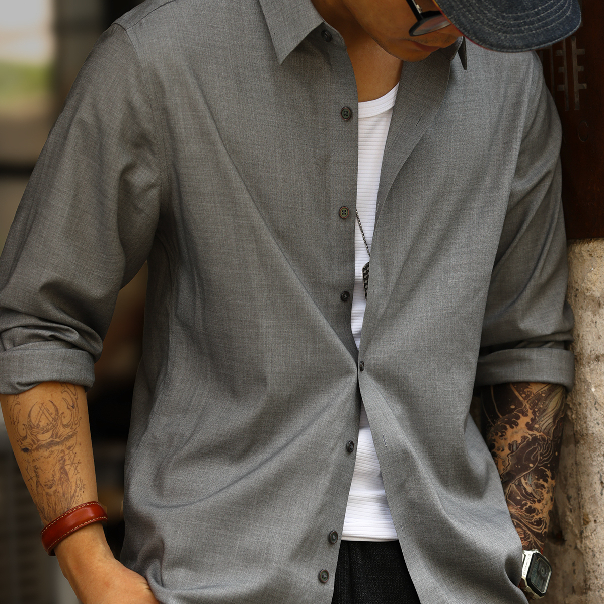 抗皺免燙莫代爾長袖襯衫男美式休閒通勤外搭襯衣打底衫