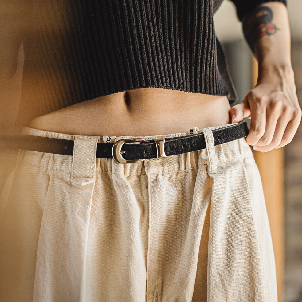 復古黑色豹紋百搭馬毛針扣頭細窄款小真牛皮皮腰帶配裝潢女士