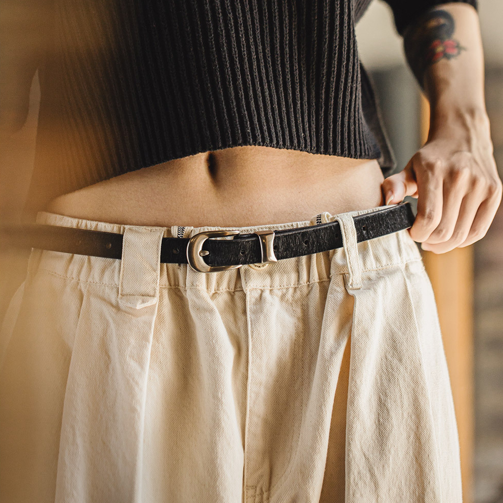 復古黑色豹紋百搭馬毛針扣頭細窄款小真牛皮皮腰帶配裝潢女士