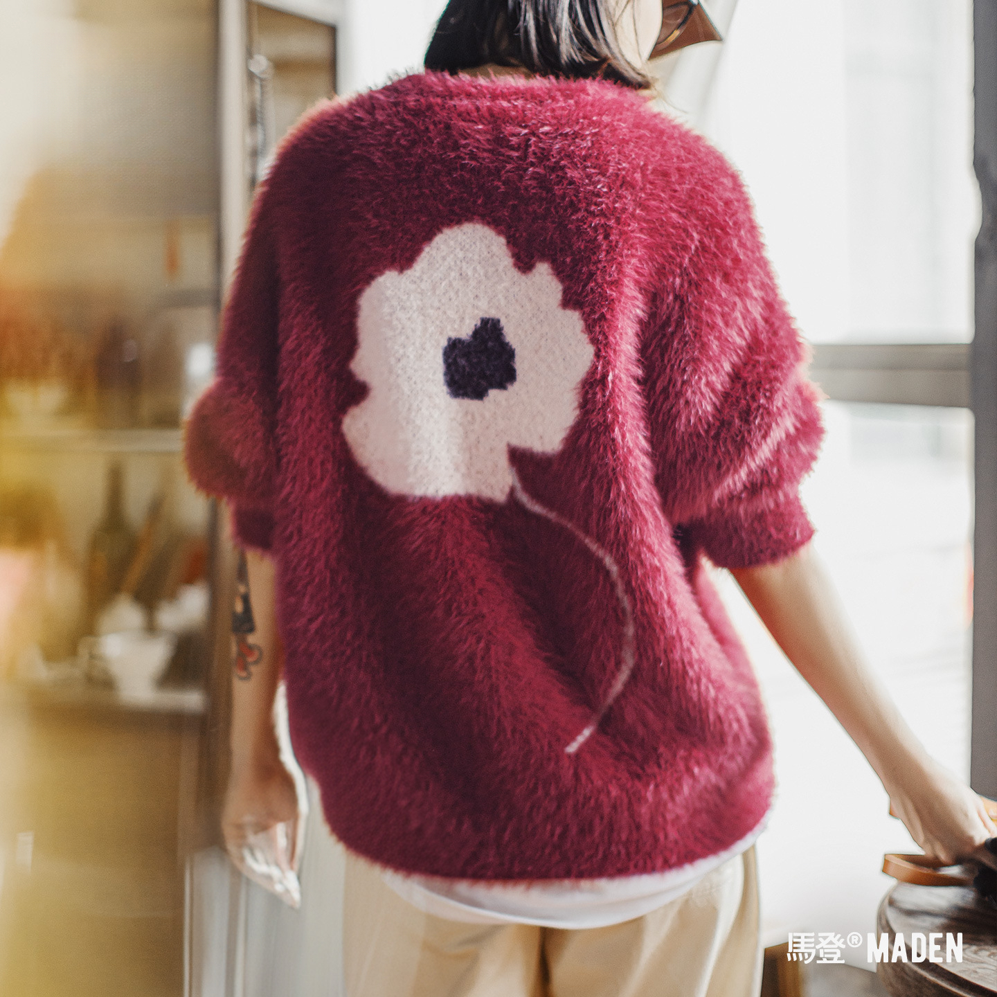 酒紅色聖誕仿水貂絨毛寬鬆套頭加厚實軟糯毛衣針織衫上衣女冬