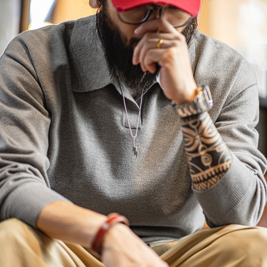 美式休閒海鷗polo領衛衣老錢風灰色針織長袖polo衫男秋季