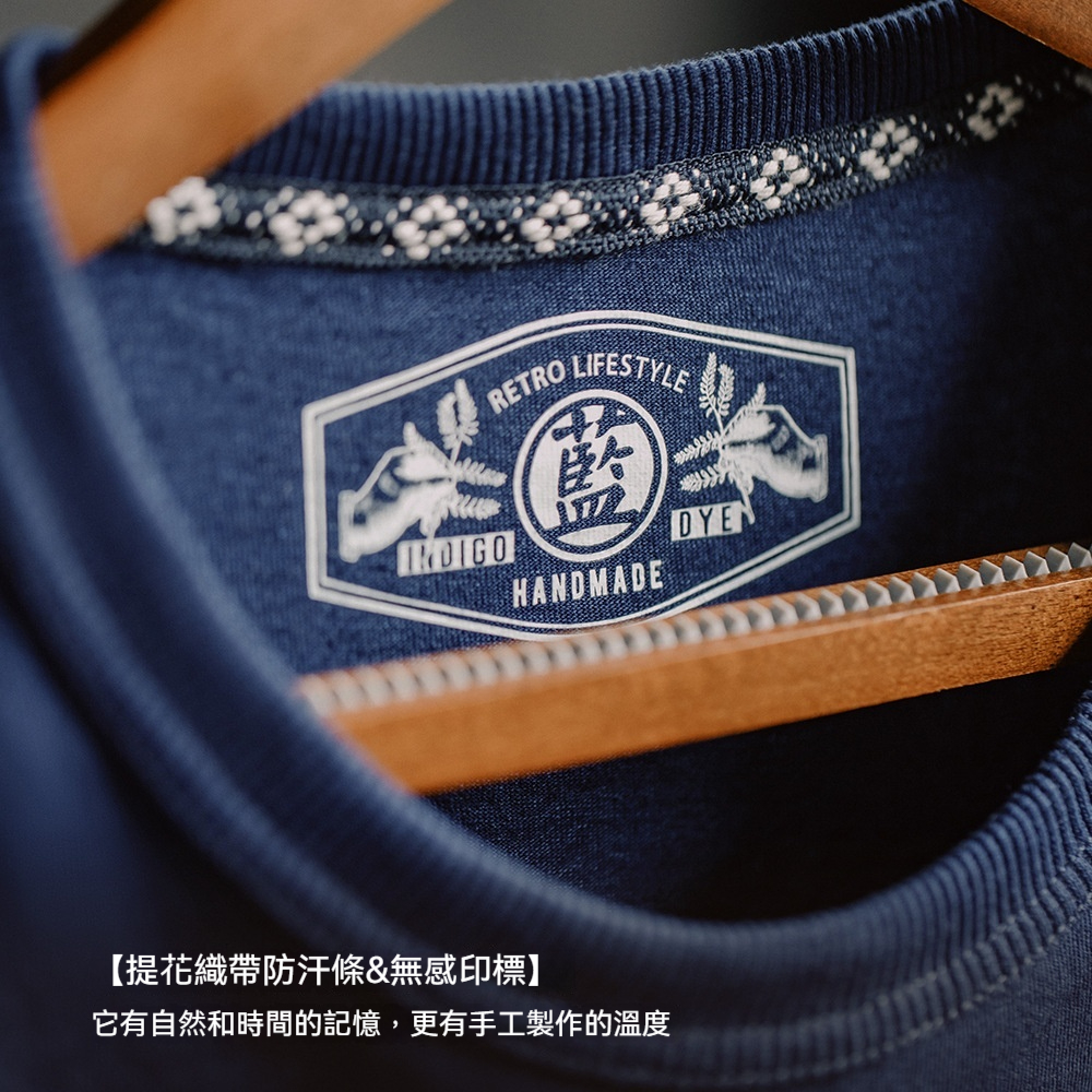 植物藍染古布拼接口袋T恤美式復古indigo純棉上衣男夏季