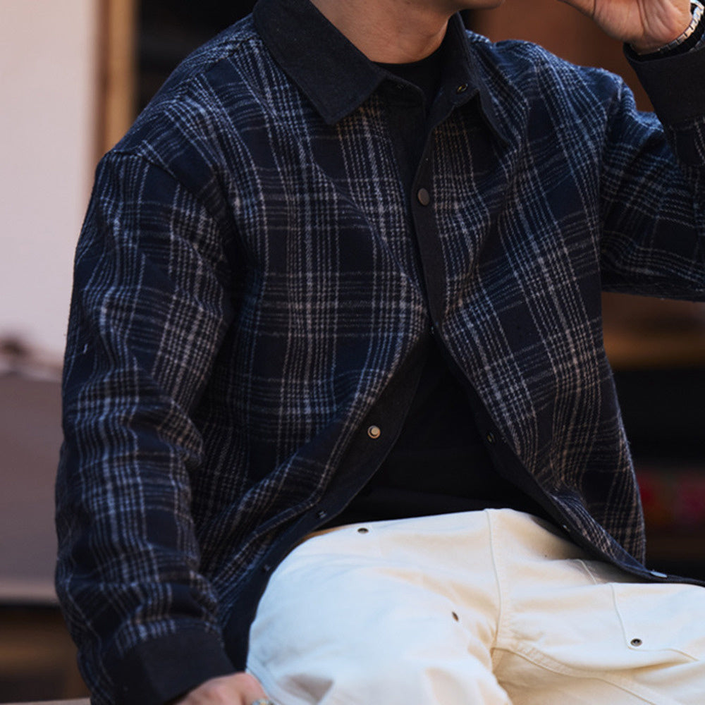 日系復古牛仔拼接格子襯衫男寬鬆羊毛混紡長袖襯衣外套