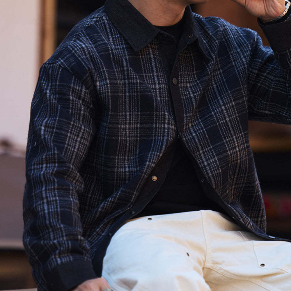 日系復古牛仔拼接格子襯衫男寬鬆羊毛混紡長袖襯衣外套