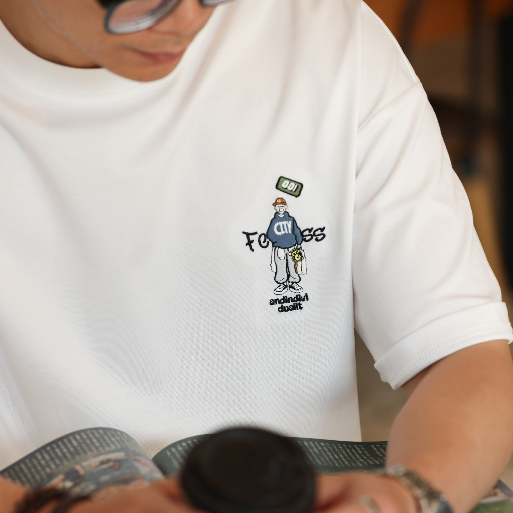 美式休閒精工膠印短袖T恤男士210g卡通趣味圓領打底衫