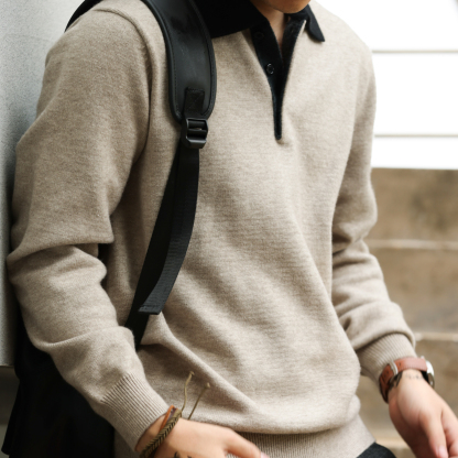 老錢風撞色POLO領毛衣男高支細針抗起球休閒羊毛針織衫