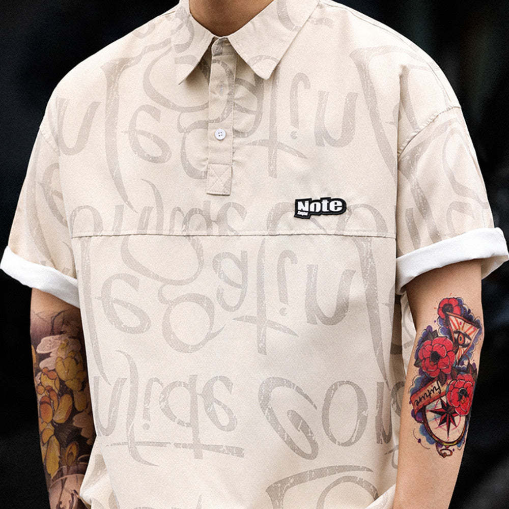 美式滿印塗鴉冰絲短袖POLO衫男薄款寬鬆工裝半袖保羅衫T恤夏-Retro's Wear