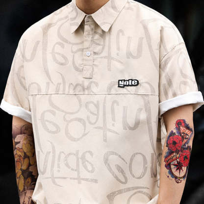 美式滿印塗鴉冰絲短袖POLO衫男薄款寬鬆工裝半袖保羅衫T恤夏-Retro's Wear