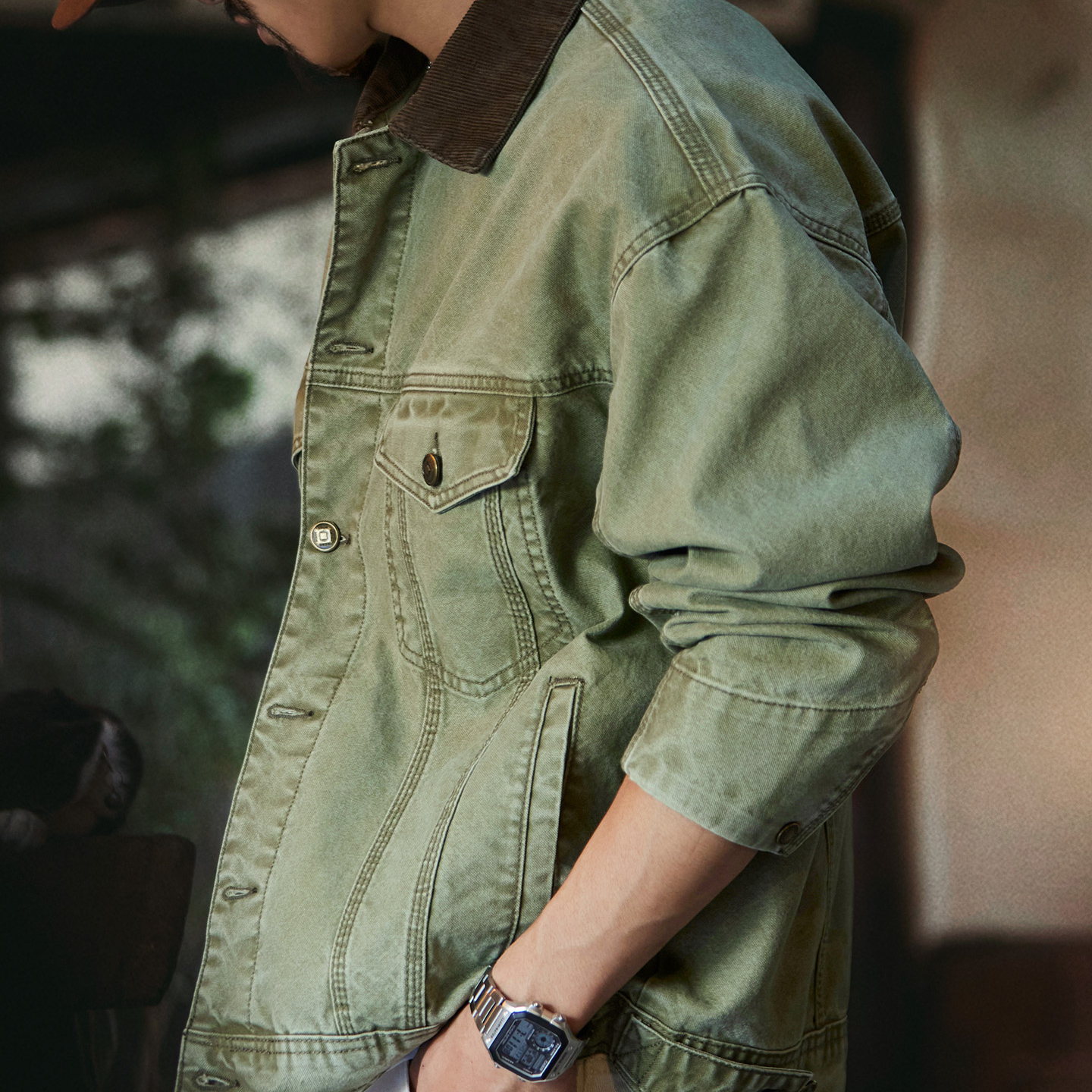 底特律復古軍綠色水洗牛仔外套男2025秋季新款撞色翻領工裝夾克