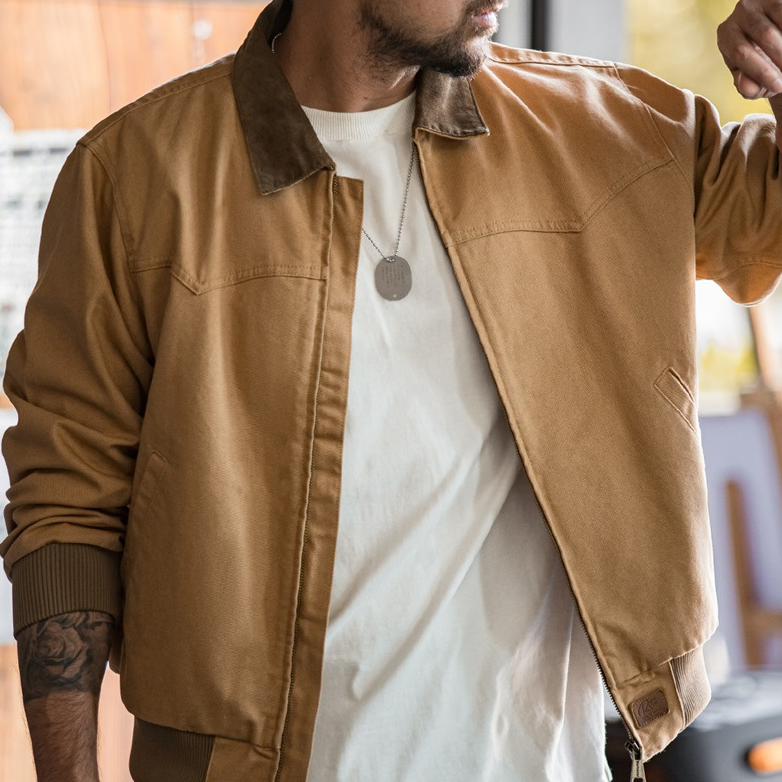 美式復古重磅聖達菲帆布夾克水洗純棉翻領短款外套男秋季-Retro's Wear
