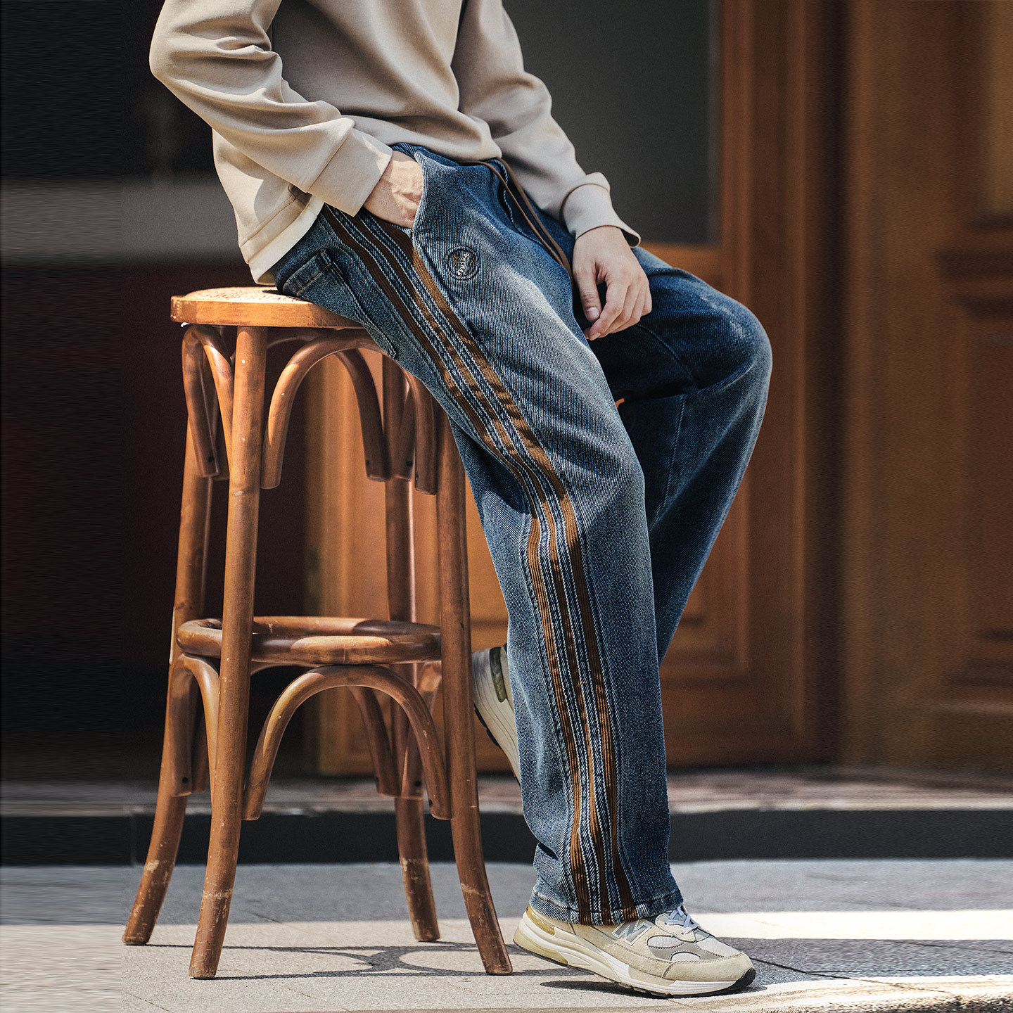 美式復古三條杠燈芯絨拼接牛仔褲男秋冬款休閒寬鬆直筒長褲