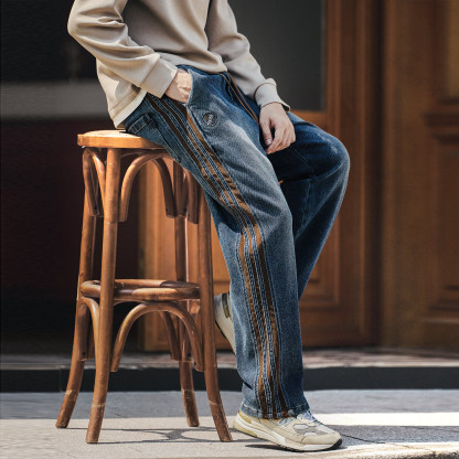 美式復古三條杠燈芯絨拼接牛仔褲男秋冬款休閒寬鬆直筒長褲