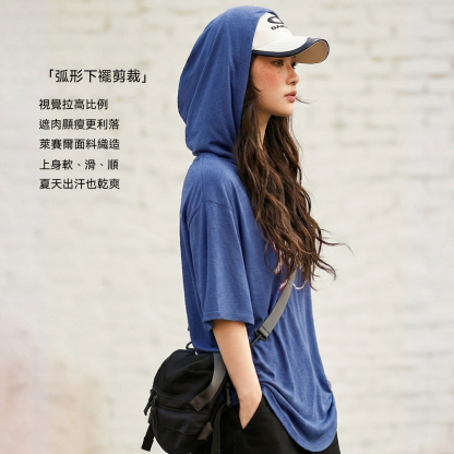 復古寬鬆印花萊賽爾天絲弧形下擺連帽短袖T恤半袖上衣女士夏