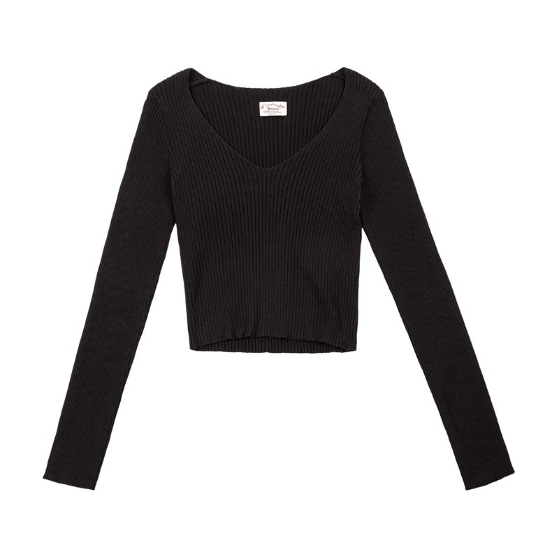 馬登女裝美式復古針織衫純棉內搭V領打底秋冬短款純色修身女上衣-Retro's Wear