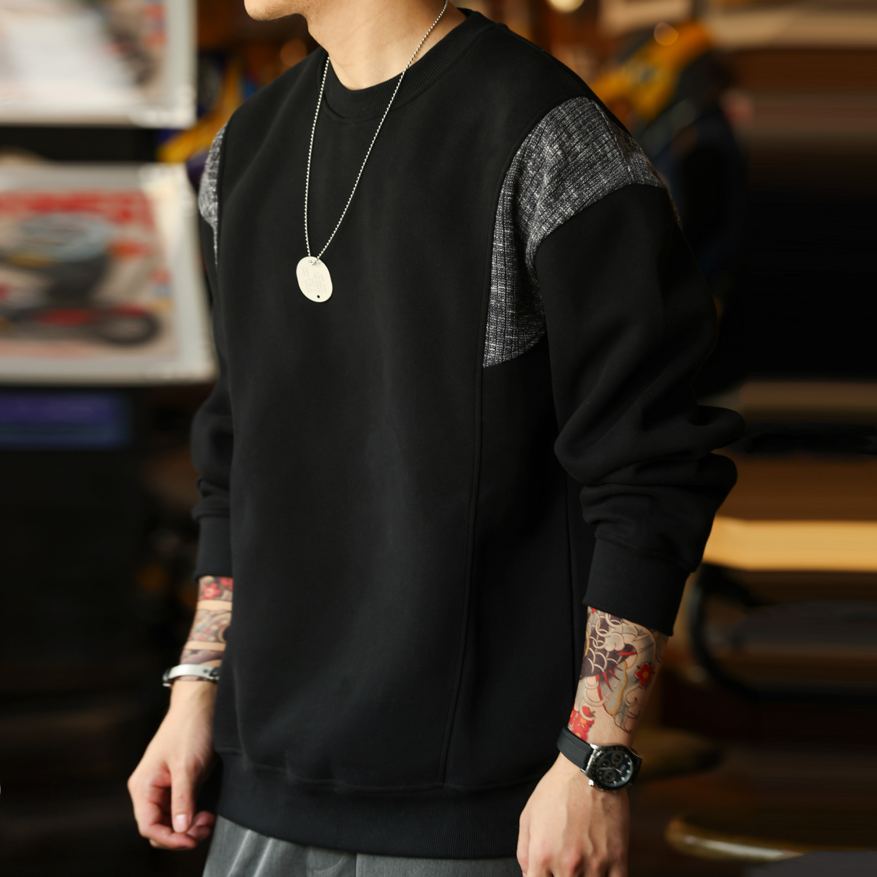 美式復古毛織拼接圓領衛衣男420g重磅設計感休閒上衣秋