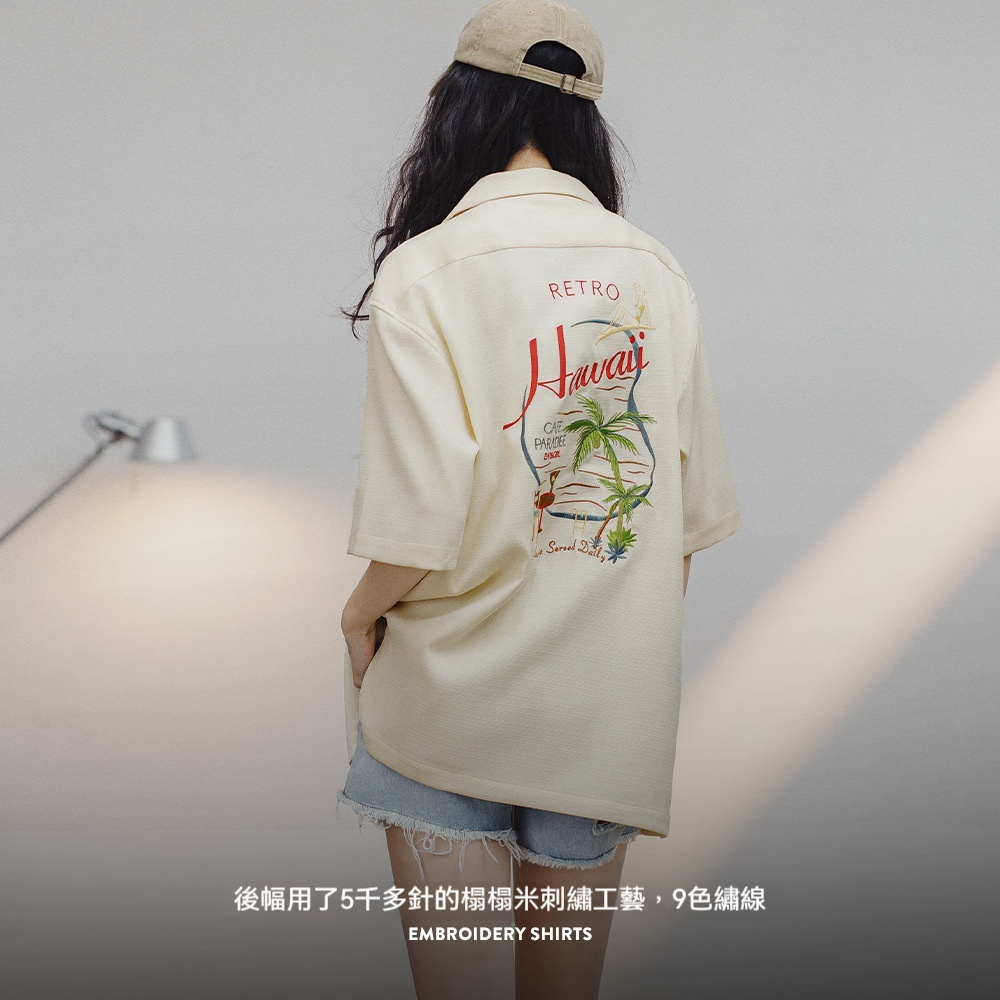 夏威夷風刺繡襯衫設計感寬鬆休閒T恤美式復古短袖襯衣夏季女