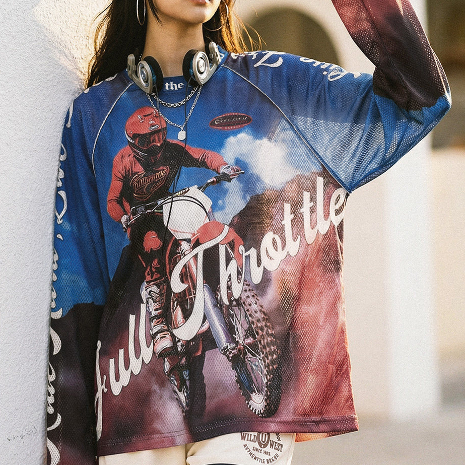 美式復古針織滿印花長袖T恤薄款寬鬆立領套頭外穿上衣女士春