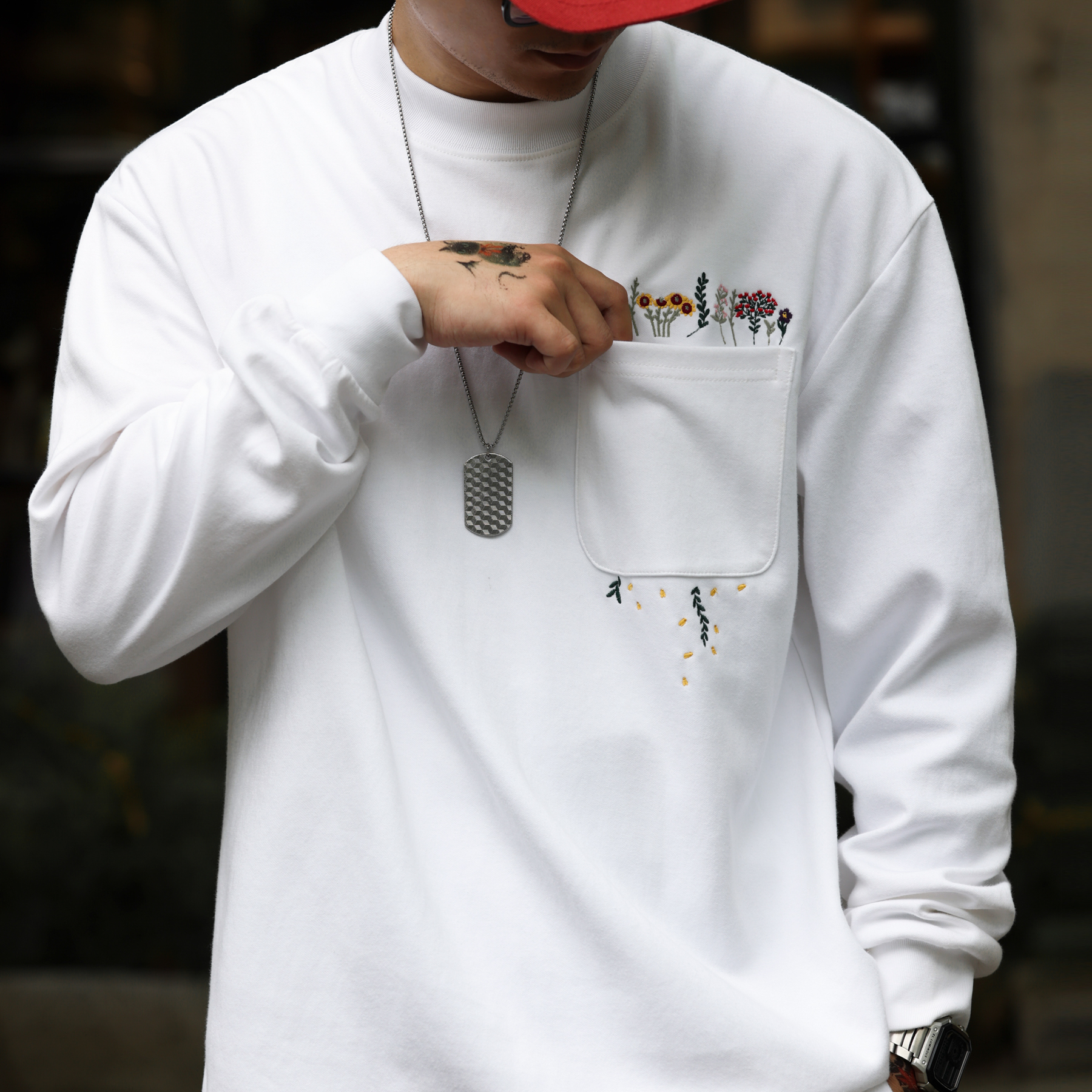 美式休閒手工刺繡長袖T恤男寬鬆口袋設計300g小領口衛衣